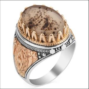 New Anitolia Stainless Steel Mens Ring with Ornaments and White Agate Stone
